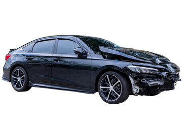 Car crash, Front and Side view of black sedan car get damaged by accident on the road. damaged cars...