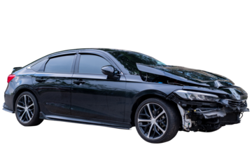 Car crash, Front and Side view of black sedan car get damaged by accident on the road. damaged cars after collision. isolated on transparent background. PNG File