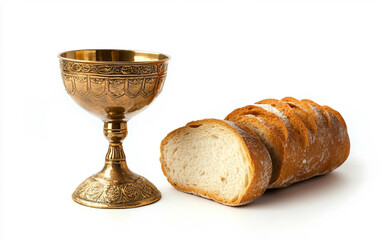 Chalice and Bread Representing the Eucharist Isolated On White Background.