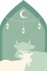 Qurban eid al adha frame illustration. Animal sacrifice, cow, goat, camel, sheep silhouette illustration for greeting card, banner. Vector isolated.