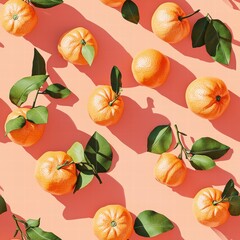 A group of fresh oranges with green leaves set against a soft pink background for contrast