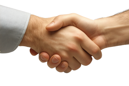 Handshake: Two hands interlock in a firm handshake, symbolizing agreement, partnership, and a successful deal. A universal gesture of trust and collaboration.