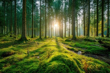 Fototapeta premium Sunlight streams through misty forest