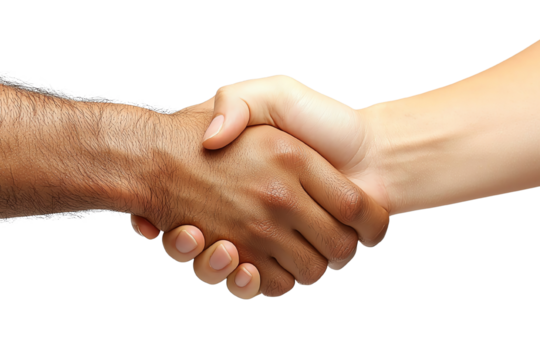 Handshake of Unity: A close-up shot captures a firm handshake between two hands with different skin tones, symbolizing collaboration, agreement, and unity in a professional setting.