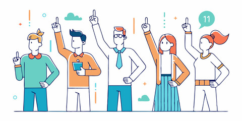 Set of people pointing upward with an index finger, minimalist line art. Group of individuals gesturing with raised fingers, modern linear design.

