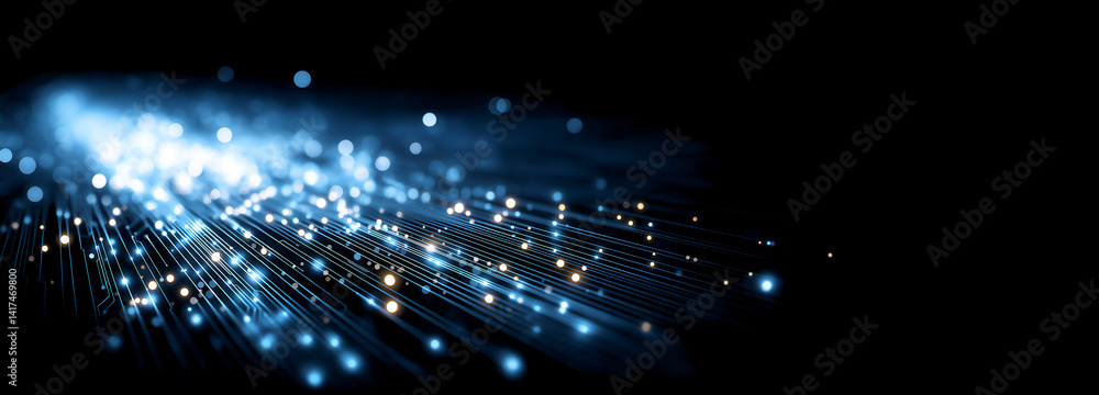 Wall mural abstract visualization of a digital communication network, with glowing blue intersections and pathw