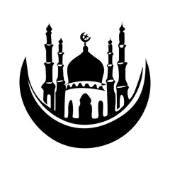Black silhouette of a Islamic mosque and crescent with lanterns. Eid Mubarak logo. vector illustration. Moon with Mosque Laser Cutting Vector Silhouette, Black Islamic Crescent with Lanterns