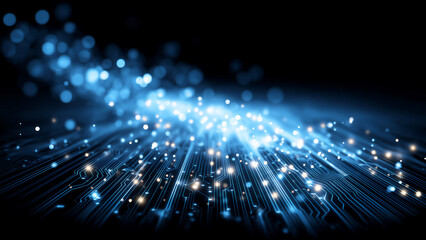 Fototapeta premium An abstract technology background illustrating data nodes as sparkling blue lights scattered across intricate network lines, with soft focus and bokeh effects creating depth.