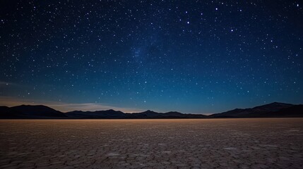 Naklejka premium Vast arid landscape with starry sky offers a serene and expansive vista