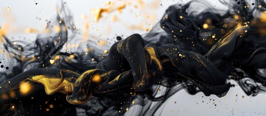 Modern Ink & Gold Splash: Black ink swirling in water with gold leaf accents, dramatic side lighting, minimalist composition