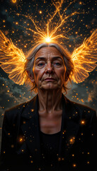 Obraz premium Digital illustration of an older woman with wrinkled face and translucent wings of glowing dust particles