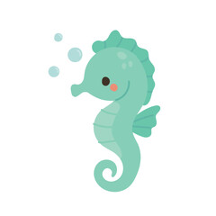 Friendly green seahorse with soft bubbles, perfect for ocean-themed decor, baby sea illustrations, and whimsical marine life designs for children.