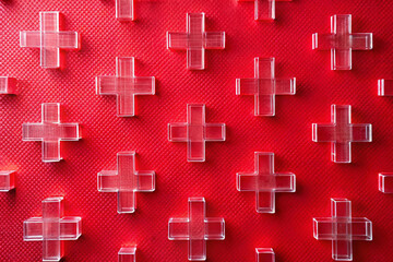Solid red with large transparent plus signs arranged in a grid