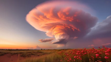 Fotobehang Scenic view of wildflowers under dramatic sunset lenticular clouds in natural landscape © Sunny
