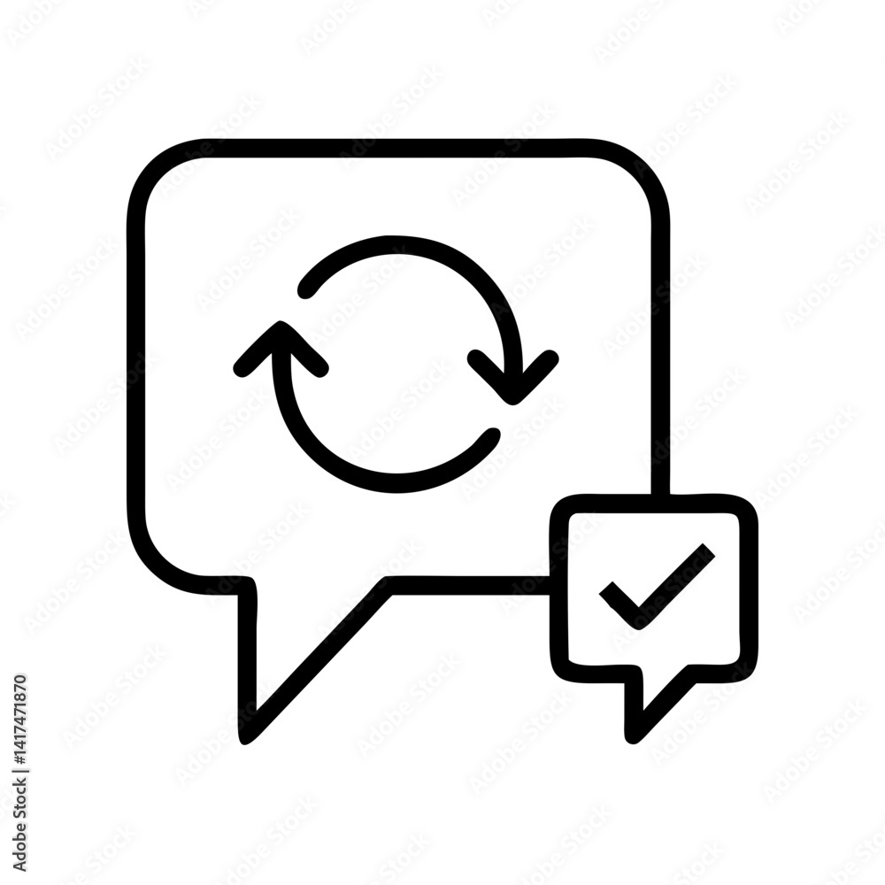 Poster refreshing communication with check mark icon for message updates and confirmation symbol design