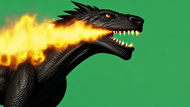 Fiery Dragon Head Emerging from Flames on Green Screen
