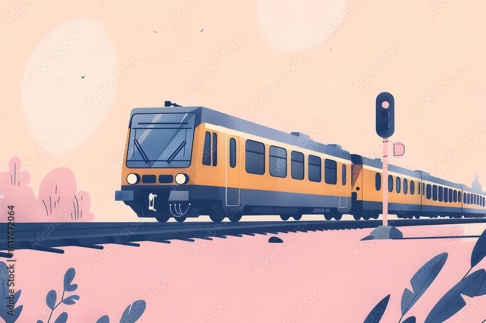 Aufkleber 黄色と青の電車が線路を走るピンク色の空とシルエットの風景