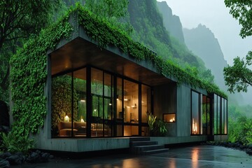 Modern house blending into lush nature with foggy mountains view