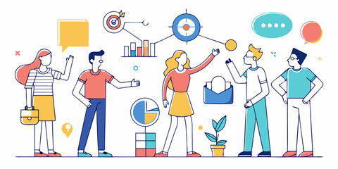 Set of people pointing at objects of interest, minimalist line art.

