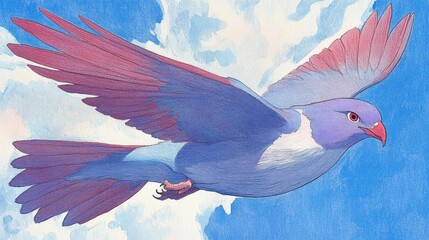 Fototapeta premium A bird with redtipped wings soars through a dreamy watercolor sky