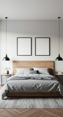 Modern Bedroom with Dual Frame Mockup Above Bed