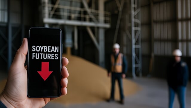 Smartphone displaying red down arrow on soybean futures in grain elevator illustrating financial market tension - Powered by Adobe