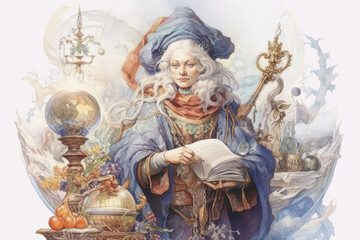 Fototapeta premium A watercolor fantasy illustration depicting a wise sorceress in ornate robes. She holds an open book in one hand and a magic staff in the other. 