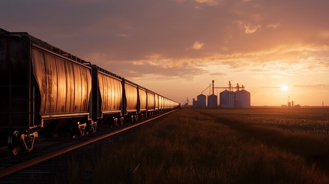 Freight train of covered grain hoppers crosses open plains toward distant silos at sunset