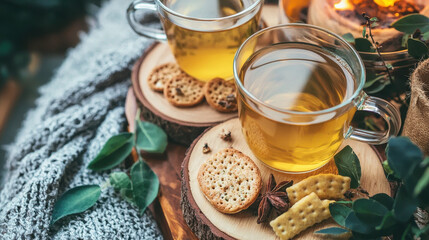 Fototapeta premium Two glass cups of herbal tea with crackers on wooden coasters create cozy scene