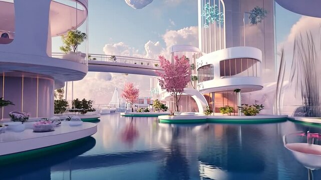 Futuristic cityscape with serene water features and pink trees