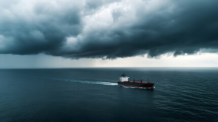 A ship sailing toward the horizon, with no land in sight, under a dark storm cloud.

