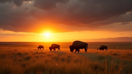 Bison Grazing at Sunset: Majestic Herd in Golden Light