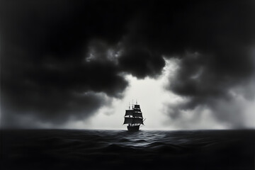 A ship sailing toward the horizon, with no land in sight, under a dark storm cloud.

