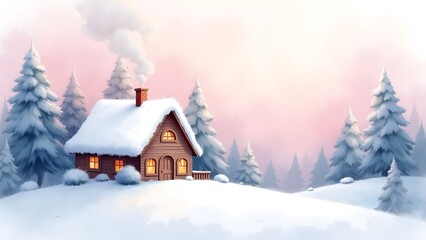Fototapeta premium Cozy Winter Cabin in a Snowy Landscape with Pine Trees, Smoke rising from the chimney at Twilight.