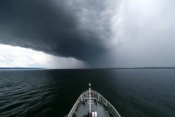 A ship sailing toward the horizon, with no land in sight, under a dark storm cloud.

