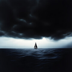A ship sailing toward the horizon, with no land in sight, under a dark storm cloud.

