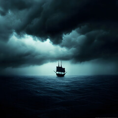 A ship sailing toward the horizon, with no land in sight, under a dark storm cloud.

