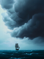 A ship sailing toward the horizon, with no land in sight, under a dark storm cloud.

