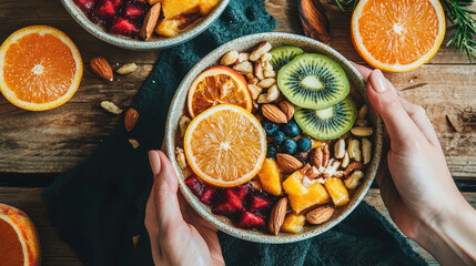 vibrant bowl of fresh fruits including orange slices, kiwi, almonds, and berries is held by hands on rustic wooden table