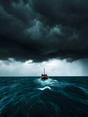 A ship sailing toward the horizon, with no land in sight, under a dark storm cloud.

