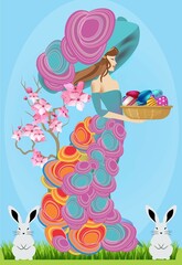 composition with a woman in a hat holding a basket with Easter eggs