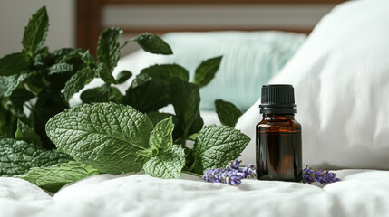relaxing bedroom scene with essential oils, mint leaves, and lavender on bed