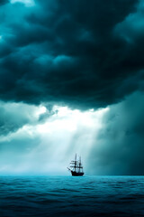 A ship sailing toward the horizon, with no land in sight, under a dark storm cloud.

