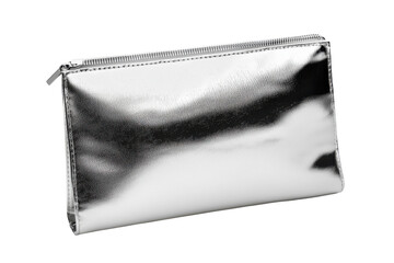 Silver cosmetic bag isolated on PNG transparent background, cut out