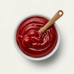 Rich tomato ketchup in a bowl ready to serve with a wooden spoon classic condiment bright red color