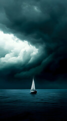 A ship sailing toward the horizon, with no land in sight, under a dark storm cloud.

