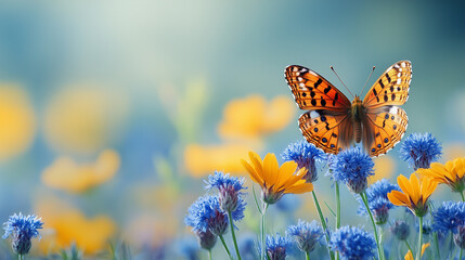 Obraz premium A gentle butterfly rests on vibrant blue and yellow wildflowers in a serene summer meadow bathed in soft sunlight.