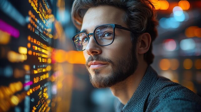 Thoughtful young man gazing at glowing data screens in a tech-savvy environment