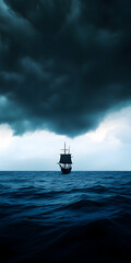 A ship sailing toward the horizon, with no land in sight, under a dark storm cloud.

