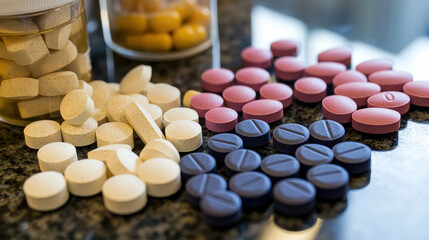 variety of colorful pills and tablets are spread on reflective surface, showcasing different shapes and sizes